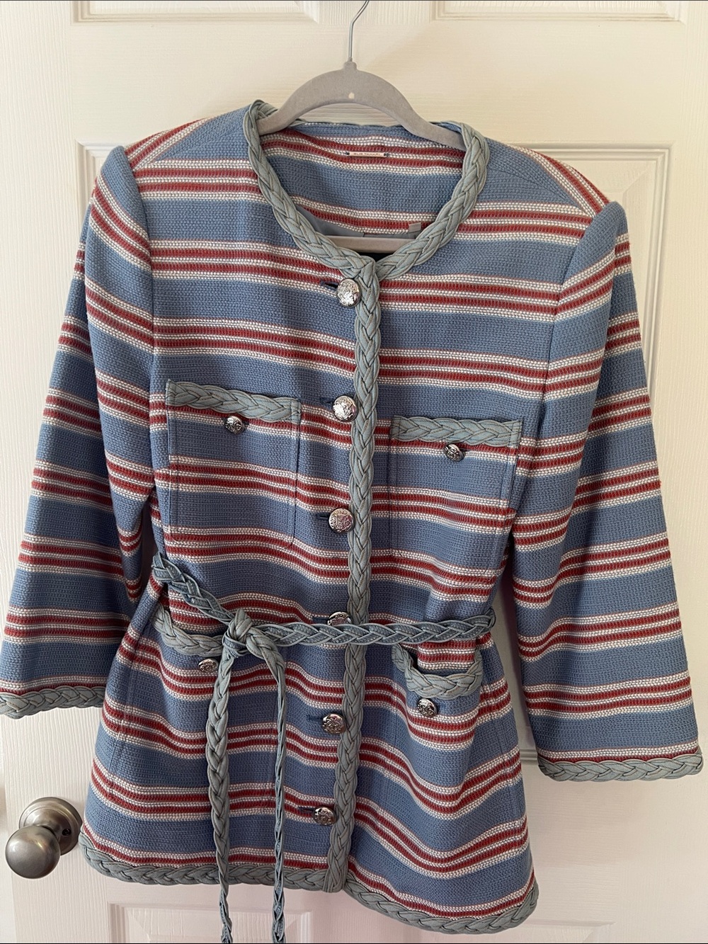 Elie Tahari Blue and Red Striped Braided-Trim Blazer